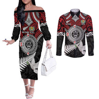 Aotearoa and Tonga Mo Te Tiriti Couples Matching Off The Shoulder Long Sleeve Dress and Long Sleeve Button Shirt New Zealand Honour The Treaty Ake!Ake!Ake!