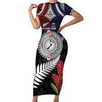 Aotearoa and Samoa Mo Te Tiriti Short Sleeve Bodycon Dress Tangata Moana Stand with Tangata Whenua LT9 Long Dress Blue - Polynesian Pride