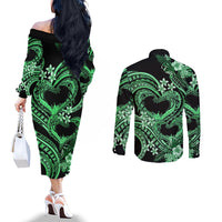 Polynesia Valentines Day Forever In My Heart Tattoo Couples Matching Off The Shoulder Long Sleeve Dress and Long Sleeve Button Shirt Green Style LT9 - Polynesian Pride