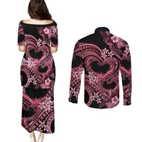 Polynesia Valentines Day Forever In My Heart Tattoo Couples Matching Puletasi and Long Sleeve Button Shirt Pink Style LT9 - Polynesian Pride