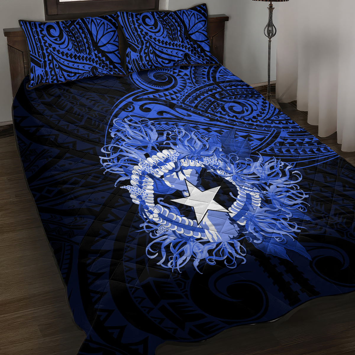 Northern Mariana Islands Ylang-ylang Mwarmwar Quilt Bed Set Polynesian Blue Style
