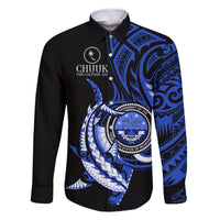 Personalised Chuuk FSM Culture Day Family Matching Off Shoulder Short Dress and Hawaiian Shirt Hammerhead Shark Tattoo 2024 LT9 Dad's Shirt - Long Sleeve Blue - Polynesian Pride