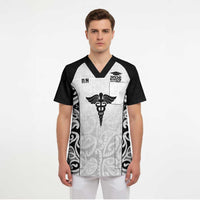 New Zealand Nurse RN 2026 Personalised Scrub Top White Maori Pattern Cultural Pride