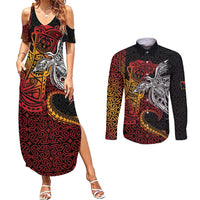 Papua New Guinea Sepik Personalised Couples Matching Summer Maxi Dress and Long Sleeve Button Shirt PNG Bird of Paradise Tattoo - Polynesian Pride
