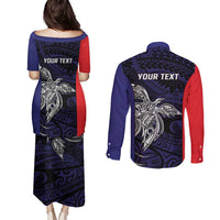 Personalised PNG Bougainville Couples Matching Puletasi and Long Sleeve Button Shirt Bird of Paradise Tattoo Flag Motif - Polynesian Pride