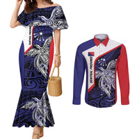 Personalised PNG Central Province Couples Matching Mermaid Dress and Long Sleeve Button Shirt Bird of Paradise Tattoo Flag Motif - Polynesian Pride