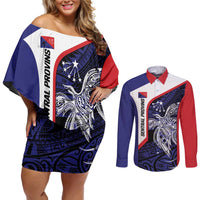 Personalised PNG Central Province Couples Matching Off Shoulder Short Dress and Long Sleeve Button Shirt Bird of Paradise Tattoo Flag Motif - Polynesian Pride