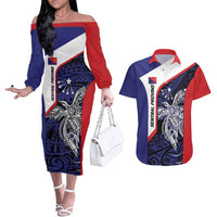 Personalised PNG Central Province Couples Matching Off The Shoulder Long Sleeve Dress and Hawaiian Shirt Bird of Paradise Tattoo Flag Motif - Polynesian Pride