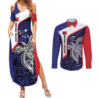 Personalised PNG Central Province Couples Matching Summer Maxi Dress and Long Sleeve Button Shirt Bird of Paradise Tattoo Flag Motif - Polynesian Pride