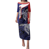 Personalised PNG Central Province Family Matching Puletasi and Hawaiian Shirt Bird of Paradise Tattoo Flag Motif LT9 Mom's Dress Blue - Polynesian Pride