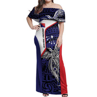 Personalised PNG Central Province Off Shoulder Maxi Dress Bird of Paradise Tattoo Flag Motif - Polynesian Pride