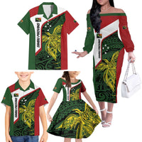 Personalised PNG Chimbu Province Family Matching Off The Shoulder Long Sleeve Dress and Hawaiian Shirt Bird of Paradise Tattoo Flag Motif - Polynesian Pride