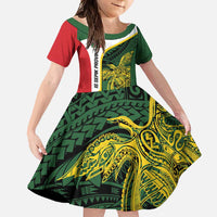 Personalised PNG East Sepik Province Family Matching Summer Maxi Dress and Hawaiian Shirt Bird of Paradise Tattoo Flag Motif LT9 Daughter's Dress Green - Polynesian Pride