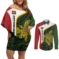 Personalised PNG Eastern Highlands Couples Matching Off Shoulder Short Dress and Long Sleeve Button Shirt Bird of Paradise Tattoo Flag Motif - Polynesian Pride