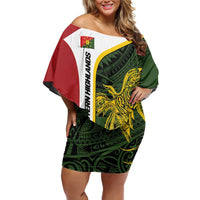 Personalised PNG Eastern Highlands Family Matching Off Shoulder Short Dress and Hawaiian Shirt Bird of Paradise Tattoo Flag Motif LT9 Mom's Dress Green - Polynesian Pride