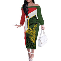 Personalised PNG Eastern Highlands Off The Shoulder Long Sleeve Dress Bird of Paradise Tattoo Flag Motif - Polynesian Pride