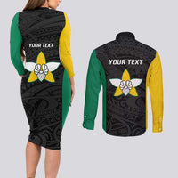 Personalised PNG Enga Province Couples Matching Long Sleeve Bodycon Dress and Long Sleeve Button Shirt Bird of Paradise Tattoo Flag Motif - Polynesian Pride