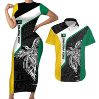 Personalised PNG Enga Province Couples Matching Short Sleeve Bodycon Dress and Hawaiian Shirt Bird of Paradise Tattoo Flag Motif - Polynesian Pride