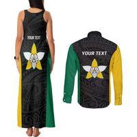 Personalised PNG Enga Province Couples Matching Tank Maxi Dress and Long Sleeve Button Shirt Bird of Paradise Tattoo Flag Motif - Polynesian Pride