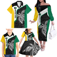 Personalised PNG Enga Province Family Matching Off The Shoulder Long Sleeve Dress and Hawaiian Shirt Bird of Paradise Tattoo Flag Motif - Polynesian Pride