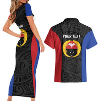 Personalised PNG Gulf Province Couples Matching Short Sleeve Bodycon Dress and Hawaiian Shirt Bird of Paradise Tattoo Flag Motif - Polynesian Pride