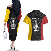 Personalised PNG Madang Province Couples Matching Off The Shoulder Long Sleeve Dress and Hawaiian Shirt Bird of Paradise Tattoo Flag Motif - Polynesian Pride