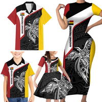 Personalised PNG Madang Province Family Matching Short Sleeve Bodycon Dress and Hawaiian Shirt Bird of Paradise Tattoo Flag Motif - Polynesian Pride