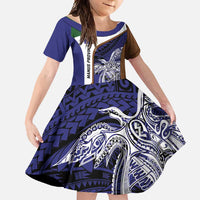 Personalised PNG Manus Province Family Matching Summer Maxi Dress and Hawaiian Shirt Bird of Paradise Tattoo Flag Motif LT9 Daughter's Dress Blue - Polynesian Pride