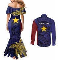 Personalised PNG Milne Bay Province Couples Matching Mermaid Dress and Long Sleeve Button Shirt Bird of Paradise Tattoo Flag Motif - Polynesian Pride