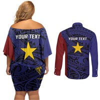Personalised PNG Milne Bay Province Couples Matching Off Shoulder Short Dress and Long Sleeve Button Shirt Bird of Paradise Tattoo Flag Motif - Polynesian Pride