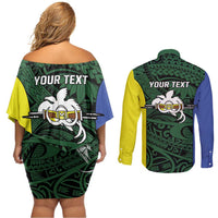 Personalised PNG Morobe Province Couples Matching Off Shoulder Short Dress and Long Sleeve Button Shirt Bird of Paradise Tattoo Flag Motif - Polynesian Pride
