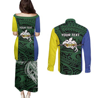 Personalised PNG Morobe Province Couples Matching Puletasi and Long Sleeve Button Shirt Bird of Paradise Tattoo Flag Motif - Polynesian Pride
