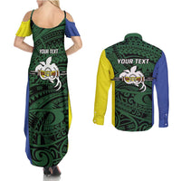 Personalised PNG Morobe Province Couples Matching Summer Maxi Dress and Long Sleeve Button Shirt Bird of Paradise Tattoo Flag Motif - Polynesian Pride