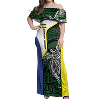 Personalised PNG Morobe Province Off Shoulder Maxi Dress Bird of Paradise Tattoo Flag Motif - Polynesian Pride