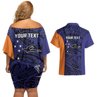 Personalised PNG New Ireland Couples Matching Off Shoulder Short Dress and Hawaiian Shirt Bird of Paradise Tattoo Flag Motif - Polynesian Pride