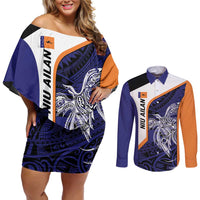 Personalised PNG New Ireland Couples Matching Off Shoulder Short Dress and Long Sleeve Button Shirt Bird of Paradise Tattoo Flag Motif - Polynesian Pride