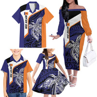 Personalised PNG New Ireland Family Matching Off The Shoulder Long Sleeve Dress and Hawaiian Shirt Bird of Paradise Tattoo Flag Motif - Polynesian Pride