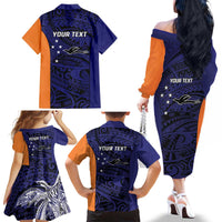 Personalised PNG New Ireland Family Matching Off The Shoulder Long Sleeve Dress and Hawaiian Shirt Bird of Paradise Tattoo Flag Motif - Polynesian Pride