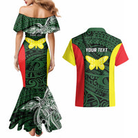 Personalised PNG Oro Province Couples Matching Mermaid Dress and Hawaiian Shirt Bird of Paradise Tattoo Flag Motif - Polynesian Pride