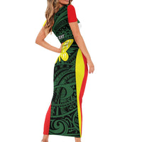 Personalised PNG Oro Province Short Sleeve Bodycon Dress Bird of Paradise Tattoo Flag Motif - Polynesian Pride