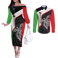 Personalised PNG Southern Highlands Province Couples Matching Off The Shoulder Long Sleeve Dress and Long Sleeve Button Shirt Bird of Paradise Tattoo Flag Motif - Polynesian Pride