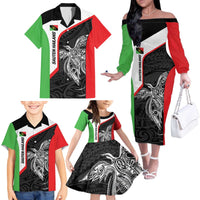 Personalised PNG Southern Highlands Province Family Matching Off The Shoulder Long Sleeve Dress and Hawaiian Shirt Bird of Paradise Tattoo Flag Motif - Polynesian Pride
