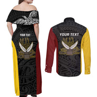 Personalised PNG Western Province Couples Matching Off Shoulder Maxi Dress and Long Sleeve Button Shirt Bird of Paradise Tattoo Flag Motif - Polynesian Pride