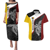 Personalised PNG Western Province Couples Matching Puletasi and Hawaiian Shirt Bird of Paradise Tattoo Flag Motif - Polynesian Pride