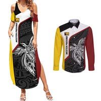 Personalised PNG Western Province Couples Matching Summer Maxi Dress and Long Sleeve Button Shirt Bird of Paradise Tattoo Flag Motif - Polynesian Pride