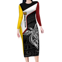 Personalised PNG Western Province Family Matching Long Sleeve Bodycon Dress and Hawaiian Shirt Bird of Paradise Tattoo Flag Motif - Polynesian Pride