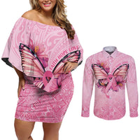 Faith Hope Love Butterfly Ribbon Personalised Couples Matching Off Shoulder Short Dress and Long Sleeve Button Shirt