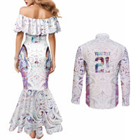 Custom New Zealand Aotearoa Couples Matching Mermaid Dress and Long Sleeve Button Shirt Pink Maori Paua Shell Indigenous LT9 - Polynesian Pride