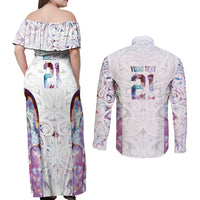 Custom New Zealand Aotearoa Couples Matching Off Shoulder Maxi Dress and Long Sleeve Button Shirt Pink Maori Paua Shell Indigenous - Polynesian Pride