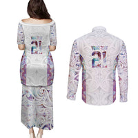 Custom New Zealand Aotearoa Couples Matching Puletasi and Long Sleeve Button Shirt Pink Maori Paua Shell Indigenous - Polynesian Pride